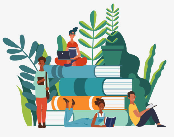 Young people group reading books. Study, learning knowledge and education vector concept Young people group reading books. Study, learning knowledge and education vector concept contact book stock illustrations