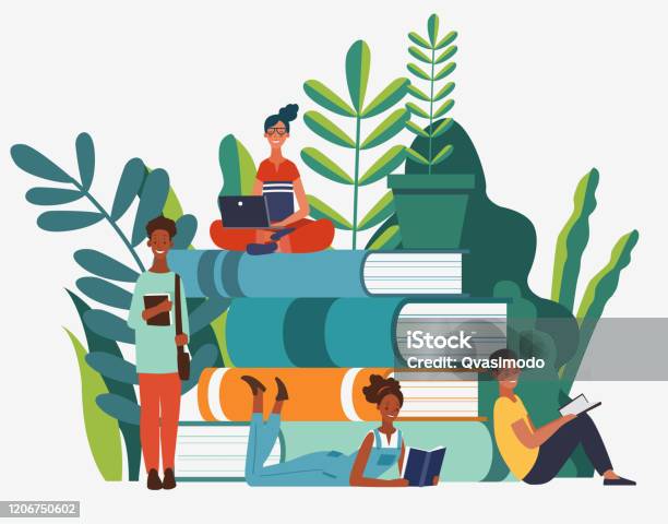 Young People Group Reading Books Study Learning Knowledge And Education Vector Concept Stock Illustration - Download Image Now