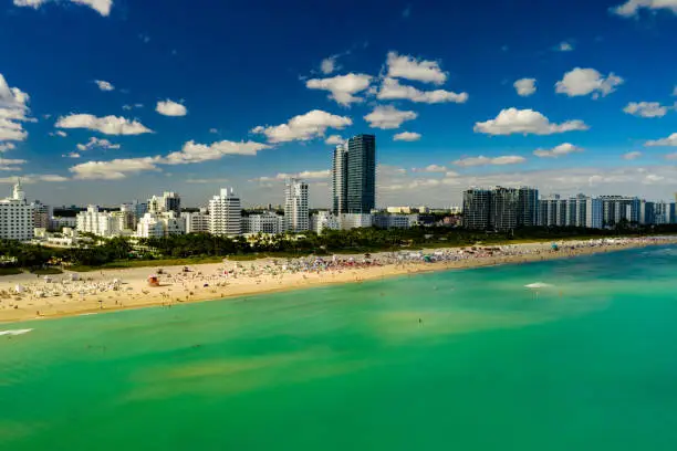 Aerial photo Miami Beach greenwater and blue sky