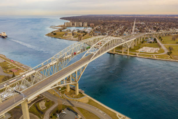 istock Aerial photo Blue Water Bridge between USA and Canada 1206750909