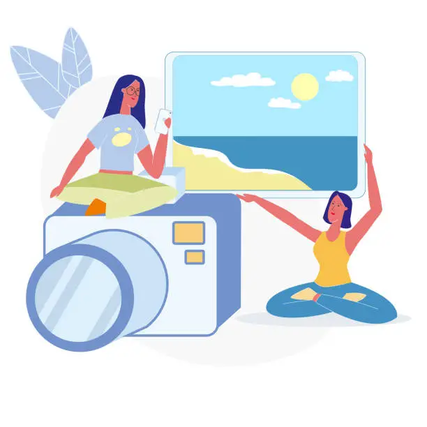 Vector illustration of Women Choosing Vacation Photos Flat Illustration