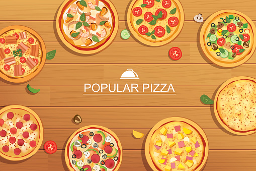 Pizza set different menu on wooden background. Use for design, poster, flyer, banner.
