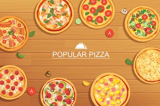 Vector illustration of Pizza set different menu on wooden background. Use for design, poster, flyer, banner.