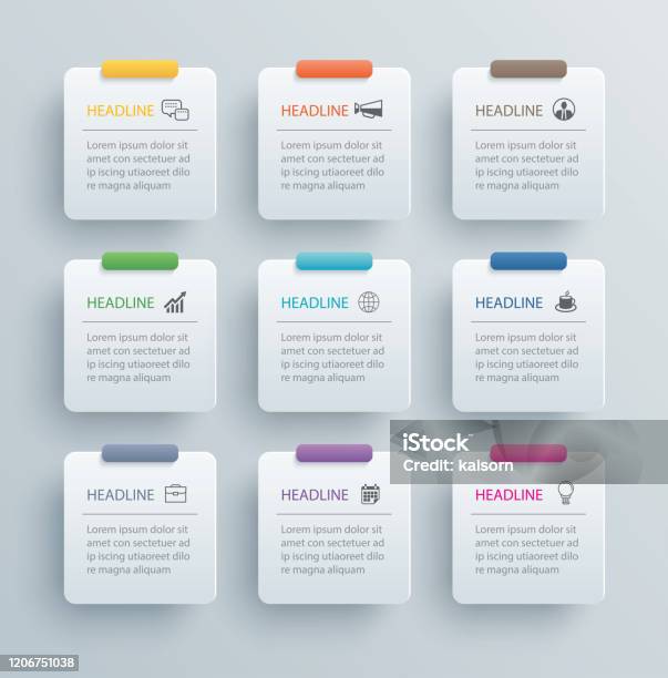 9 Infographics Rectangle Paper Index With Data Template Vector Illustration Abstract Background Can Be Used For Workflow Layout Business Step Banner Web Design Stock Illustration - Download Image Now