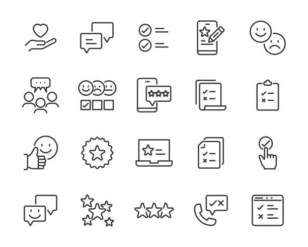 zestaw ikon opinii, opinii klientów, badań marketingowych, przeglądu produktu - interface icons business concepts ideas stock illustrations