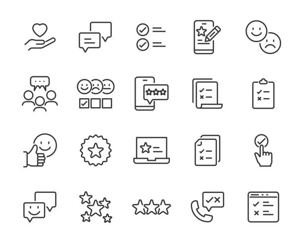 ilustrações, clipart, desenhos animados e ícones de conjunto de ícones de feedback, opinião do cliente, pesquisa de marketing, produto de revisão - cliente