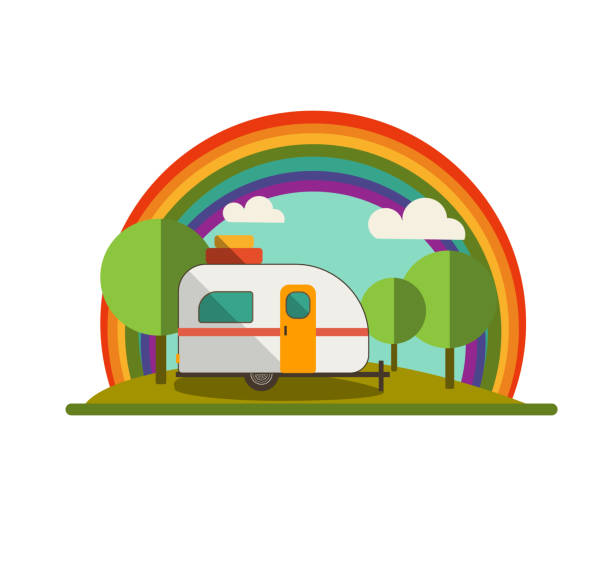 ilustrações, clipart, desenhos animados e ícones de trailer campista arco-�íris e natureza - mobile home camping isolated vehicle trailer