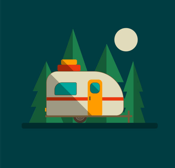ilustrações, clipart, desenhos animados e ícones de camper trailer woods and night - mobile home camping isolated vehicle trailer