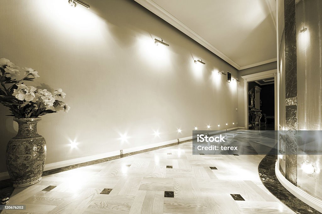 flowers in a long hallway flowers in a long hallway with parquet flooring Apartment Stock Photo