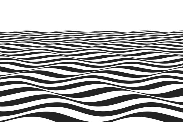 Optical illusion wavy pattern. Background with abstract monochrome waves in perspective view. Optical illusion wavy pattern. Background with abstract monochrome waves in perspective view. Black and white curved stripes. Hypnotic lines design vector illustration. sine wave stock illustrations