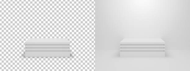 Winner podium scene set. White blank square isolated on light background with clipping path. 3D rendering design for advertising product. Two-stage empty pedestal or platform. Stage for award ceremony escena del podio del ganador. cuadrado blanco blanco aislado sobre fondo claro con trazado de recorte. diseño de renderizado 3d para productos publicitarios. pedestal o plataforma vacía de dos etapas. escenario para la ceremonia de premiación
