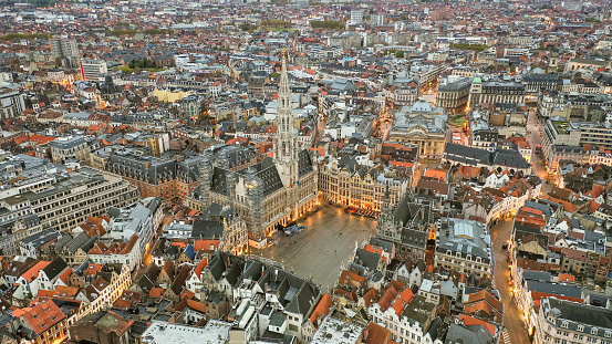 Drone aerial viel of Grand Place Brussels the city's Town Hall, and the King's House or Breadhouse. Aerial downoown city photo