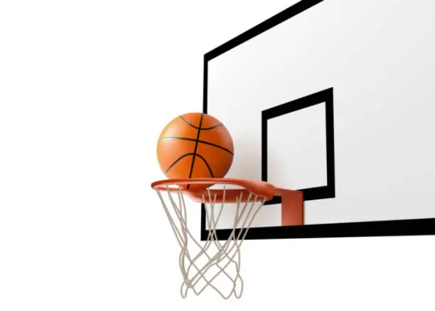Vector illustration of Basketball ball falling into ring net at backboard