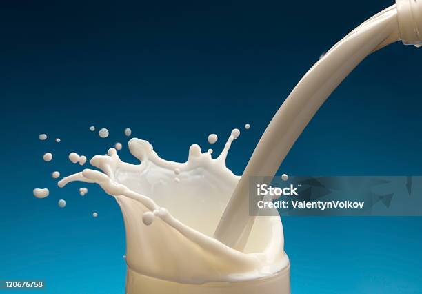 Splash Of Milk From The Glass Stock Photo - Download Image Now - Blue, Close-up, Color Image