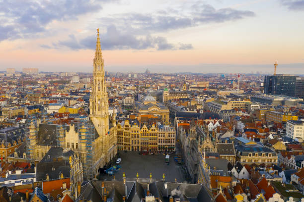 drone aerial viel of grand place brussels the city's town hall, and the king's house or breadhouse. aerial downoown city photo - brussels basilica imagens e fotografias de stock