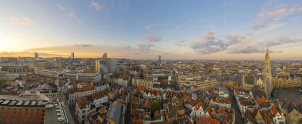 drone aerial viel of grand place brussels the city's town hall, and the king's house or breadhouse. aerial downoown city photo - brussels basilica imagens e fotografias de stock