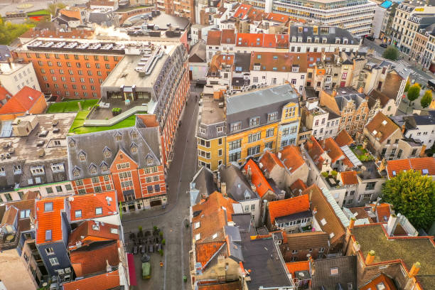 drone aerial viel of grand place brussels the city's town hall, and the king's house or breadhouse. aerial downoown city photo - brussels basilica imagens e fotografias de stock