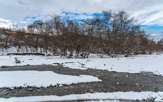 Fast mountain river stream in winter season