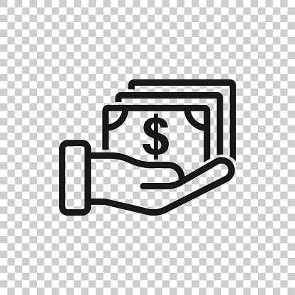 istock Remuneration icon in flat style. Money in hand vector illustration on white isolated background. Banknote payroll business concept. 1206769910