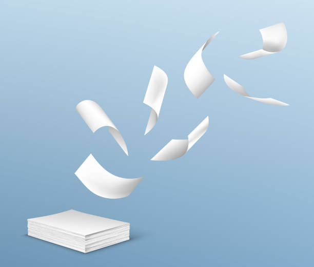 Flying white paper sheets from stack of documents Flying white paper sheets from stack of documents. Vector realistic illustration of chaotic flight of blank note pages on wind on blue background. Office paperworks concept stack of papers stock illustrations