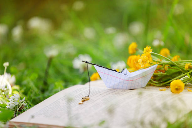 istock Open book, yellow flowers fanned pages on grass. Summer spring background with open book, dreaming concept. Back to school. Copy Space, banner 1206770768