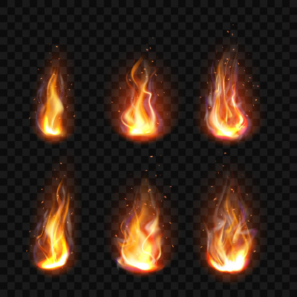 realistisches feuer, fackel flamme set isoliert clipart - flame fire fireball exploding stock-grafiken, -clipart, -cartoons und -symbole