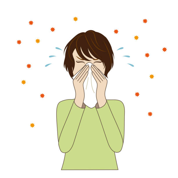 ilustrações de stock, clip art, desenhos animados e ícones de young woman blowing her nose, hay fever - hay fever