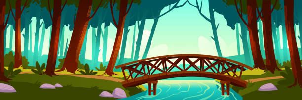 drewniany most przecinający rzekę w lesie - sign wood cartoon landscape stock illustrations