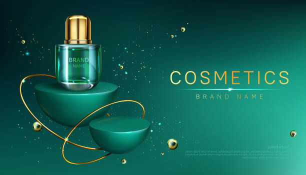 Cosmetic bottle on geometric podium mock up banner Cosmetics bottle on podium mock up banner, beauty skin care cosmetic tube on abstract geometric hemisphere stage, product ad presentation on showroom platform with golden pearls, Realistic 3d vector skin care background stock illustrations
