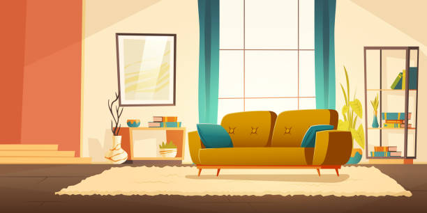 Vector Interior Of Living Room With Sofa Stock Illustration - Download  Image Now - Living Room, Backgrounds, Cartoon - iStock