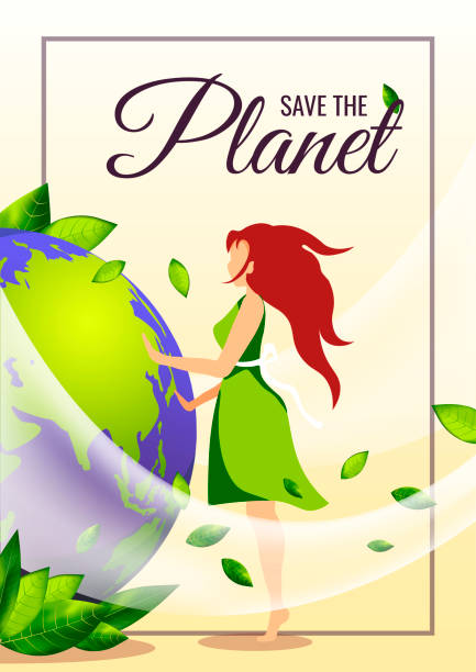 banner zum tag der erde, weltumwelttag mit frau, globus und frischen grünen blättern. ökologie, umweltsicherheitskonzept. - earth day banner placard green stock-grafiken, -clipart, -cartoons und -symbole