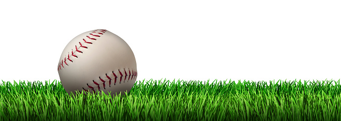 Baseball on a grass field isolated on a white background with 3D illustration elements.