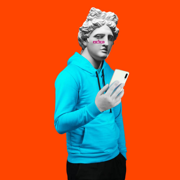 istock Modern art collage. Concept portrait of a man  holding mobile smartphone using app texting sms message. Gypsum head of of Apollo. Man in suit. On a blue background. 1206775592