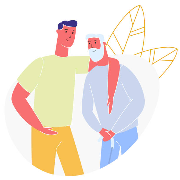 Man Embraces Elderly Father with Happy Gray Beard. Man Embraces Elderly Father with Gray Beard. Vector Illustration. Talk with Relatives House. Family Spends Holiday Together. Son Hugs Old Father with Walking Stick on White Background. son stock illustrations