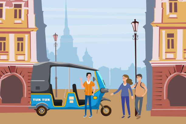 tuk tuk azjatyckie auto riksza trójkołowy z lokalnym kierowcą. tło miasta miejskiej ulicy tajlandii, indyjskich krajów baby taxi. ilustracja wektorowa izolowana styl kreskówki - bangkok thailand asia water taxi stock illustrations