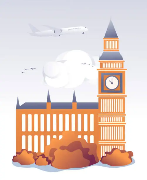 Vector illustration of Flat Tower with Clock Famous Attraction in London