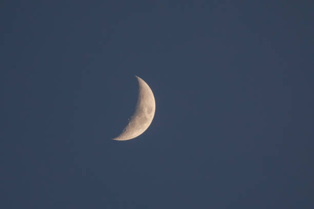 Beautiful zoom photo of glowing bright Crescent Moon at dusk in a dark blue sky. Backgrounds, copy space, concepts