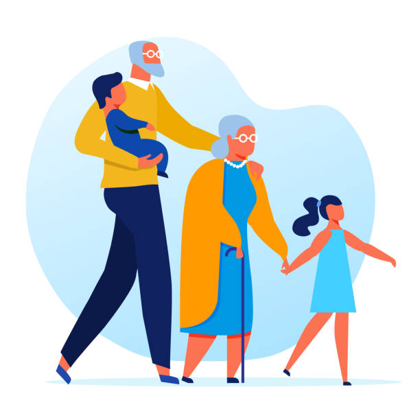 Seniors with Grandkids Flat Vector Illustration Seniors with Grandkids Flat Vector Illustration. Grandparents and Grandchildren Cartoon Characters. Elderly Couple with Little Children on Walk. Old Man Holding Toddler. Happy Family Recreation old ladies clip art stock illustrations