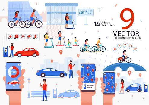 Eco Transport for City People Vector Scenes Set
