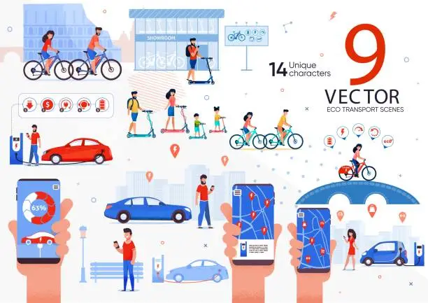 Vector illustration of Eco Transport for City People Vector Scenes Set