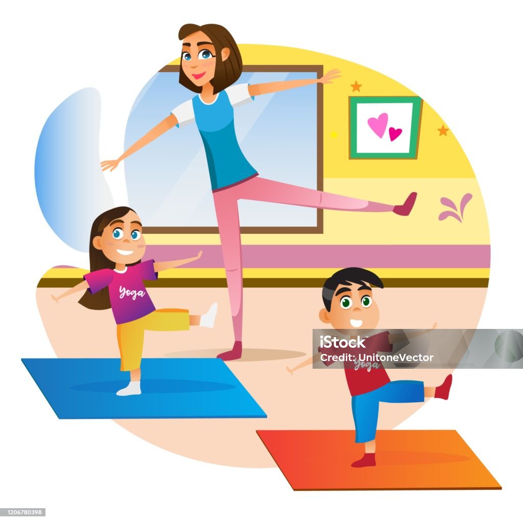 Cartoon Mother With Children Doing Exercise On Mat Stock Illustration -  Download Image Now - Child, Yoga, Exercising - iStock