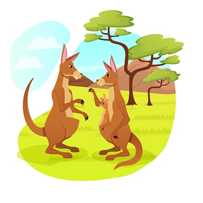 Kangaroo Family of Father, Mother and Little Baby Sitting in Mom Bag Walking Together on Nature Landscape Background. Wild Tropical Animals Wildlife in Safari Zoo Park Cartoon Flat Vector Illustration