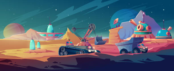 Planet colonization and space mining, research Planet colonization and space mining, excavator and truck driving near alien futuristic buildings, mars surface mineral deposit extraction, scientific exploration research, Cartoon vector illustration extrasolar planet stock illustrations