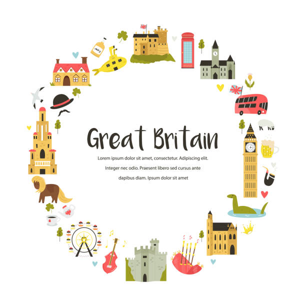 ilustrações, clipart, desenhos animados e ícones de design abstratos turísticos com destinos famosos e pontos turísticos da grã-bretanha.para banner, guias de viagem, gravuras, cartazes - uk map british flag england