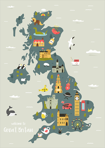 Vector illustrated map of Great Britain, United Kingdom with famous landmarks, buildings, symbols. Design for poster, tourist leaflets, guides, prints