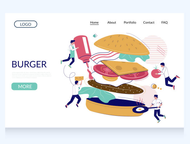 illustrazioni stock, clip art, cartoni animati e icone di tendenza di modello di progettazione della pagina di destinazione del sito web burger vector - baking computer icon symbol cooking