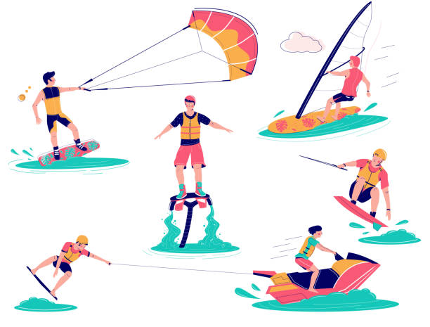 Extreme water sports set, vector flat isolated illustration Extreme water sports male characters, vector flat illustration isolated on white background. Kiteboarding, wakeboarding, windsurfing and flyboarding beach water activities, sport and recreation. extreme sports stock illustrations
