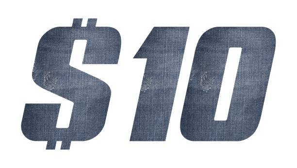 istock 10 Dollar with jeans texture on white background. 1206782817