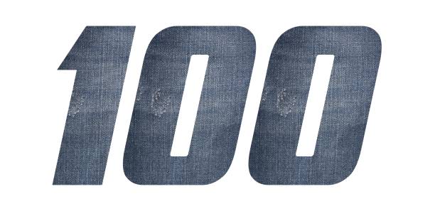 istock Number 100 with jeans fabric texture on white background. 1206783536