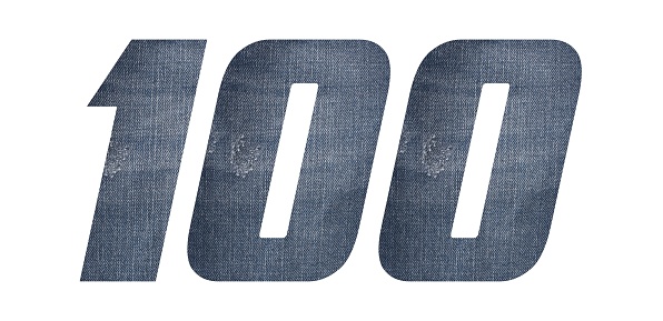 Number 100 with jeans fabric texture on white background.